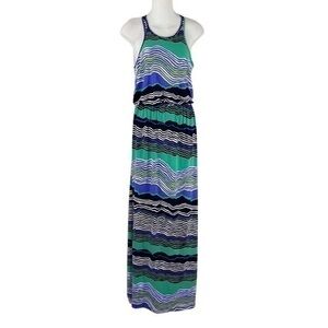 Tori Richard Honolulu blue-purple green white black stripe blouson maxi dress XS